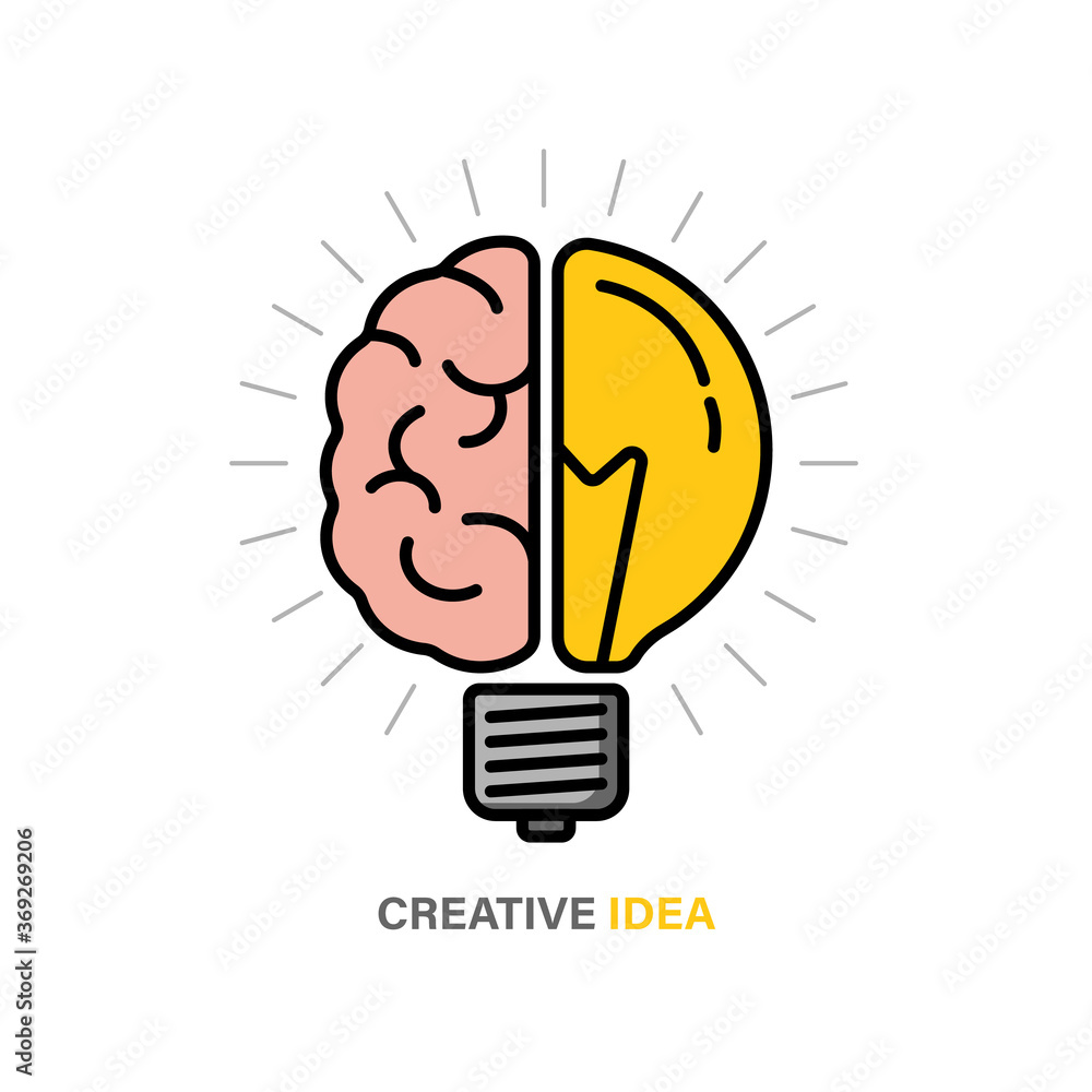 Creative idea thinking outstanding, inspiration, brainstorm and imagination  development. Light bulb with human brain icon sign meaning education  learning. Vector illustration Stock Vector