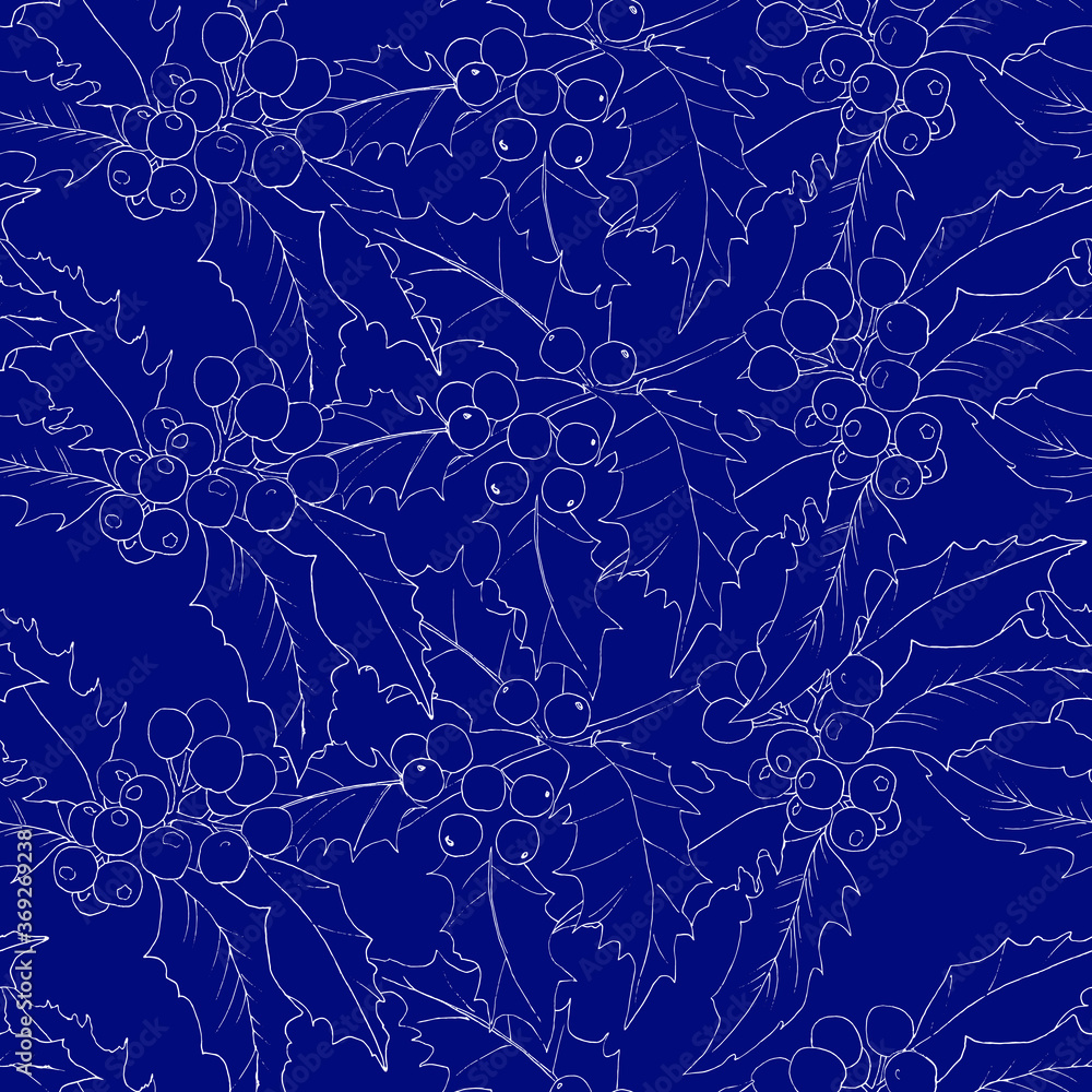 Seamless vector pattern with white outline holly silhouettes branches on deep blue background. Background for textiles, fabrics, covers, wallpapers, print, wrapping gift