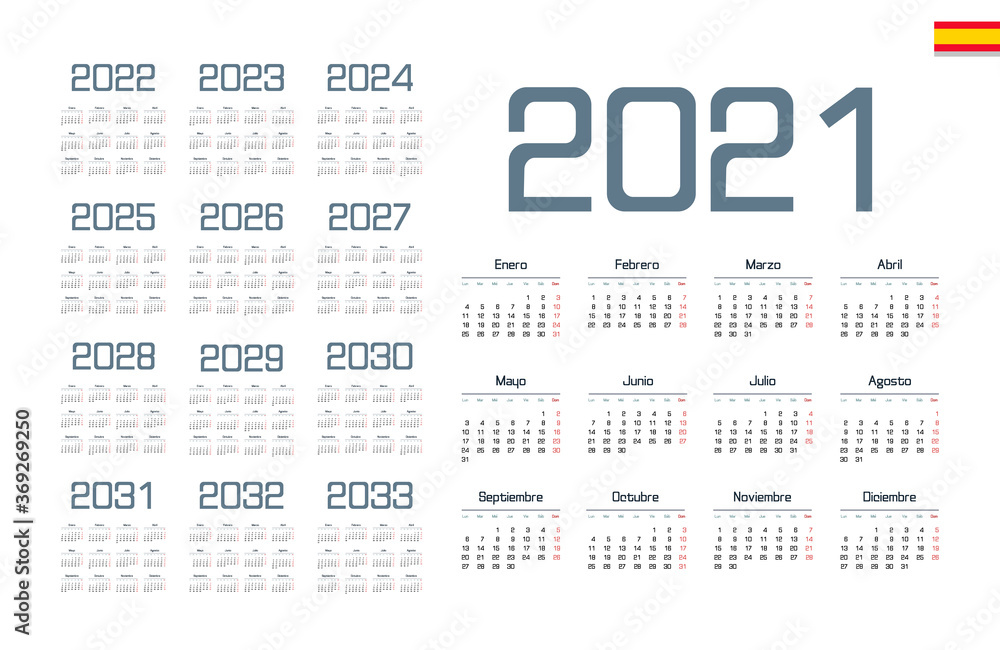 Spanish calendar 2021 - 2033 on white background. Start on monday. Vector illustration Spanish calendar 2021 - 2033 on white background. Start on monday. Vector illustration
