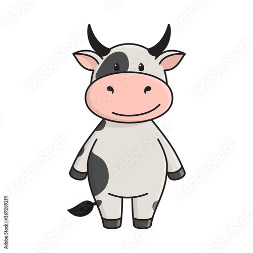 A cute spotted bull or cow stands and smiles. The Ox is a symbol of the New year 2021 according to the Eastern calendar. Vector stock flat illustration isolated on a white background