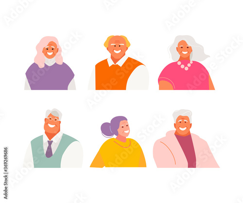 Elderly men and women portraits. Vector characters avatars