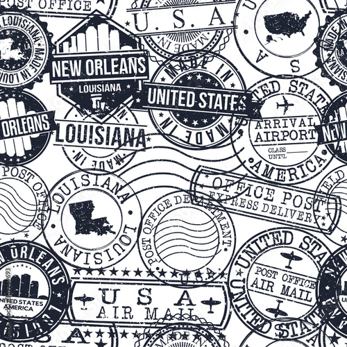 New Orleans Louisiana Stamps. City Stamp Vector Art. Postal Passport Travel. Design Set Pattern.