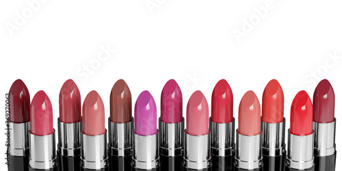 Color palette of various lipsticks isolated on white background. 3d illustration.