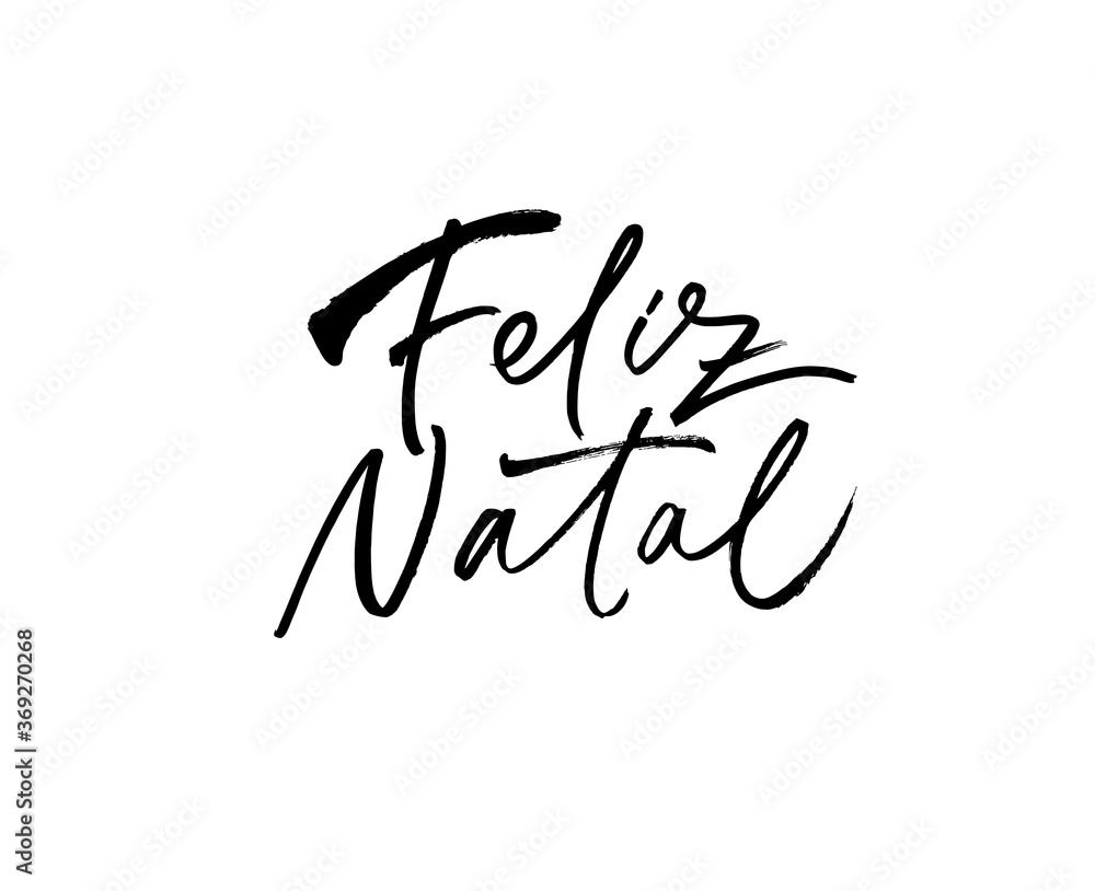 Feliz Natal hand drawn calligraphy in French. Merry Christmas black brush lettering isolated on white background. Christmas holiday quote, vector text for greeting card, banner, posters.