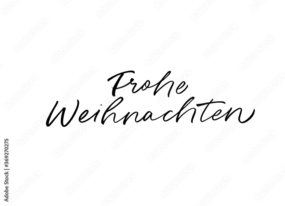 Frohe Weihnachten hand drawn calligraphy in German. Merry Christmas black brush lettering isolated on white background. Christmas holiday quote, vector text for greeting card, banner, posters.