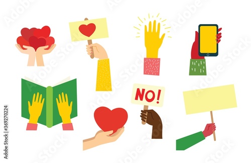Big set of different hands illustrations. Strong together many hands up. Hand with book.