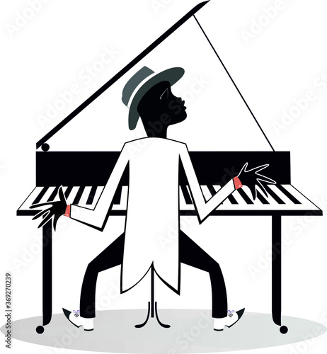African pianist illustration. Afro-American musician is playing piano with inspiration isolated on white
