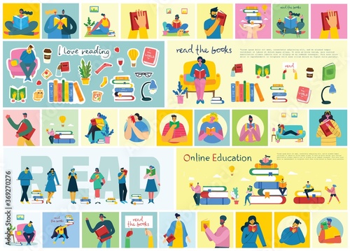 Vector concept illustrations of World Book Day, Reading the books and Book festival in the flat style. People sit, stand and walk and read a book