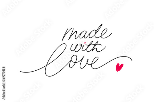 Made with love lettering with heart symbol. Hand drawn black line calligraphy. Ink vector inscription isolated on white background. Lettering for your handcrafted goods, product, shop, tags, labels