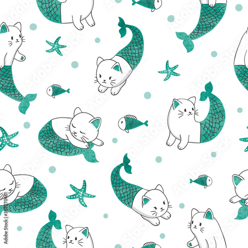 Seamless cartoon cat mermai...