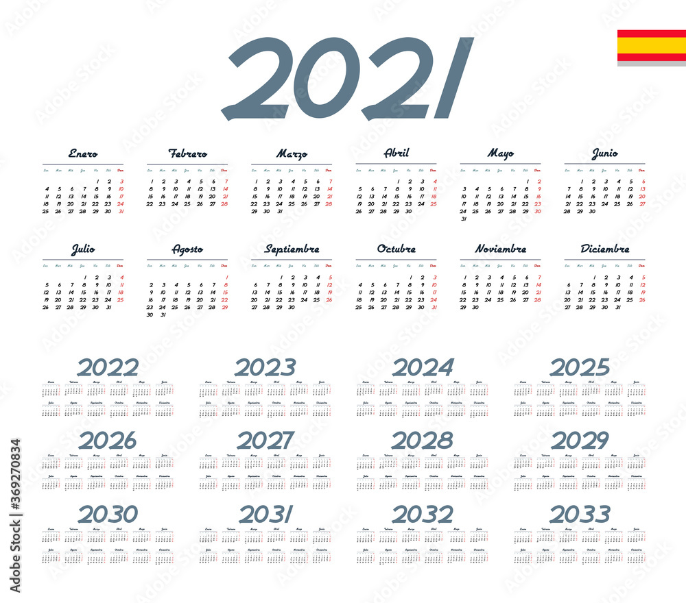 Spanish calendar 2021 - 2033 on white background. Start on monday. Vector illustration Spanish calendar 2021 - 2033 on white background. Start on monday. Vector illustration