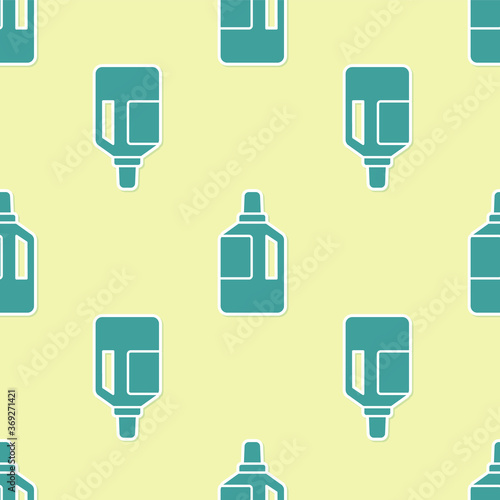 Green Fabric softener icon isolated seamless pattern on yellow background. Liquid laundry detergent, conditioner, cleaning agent, bleach. Vector Illustration.