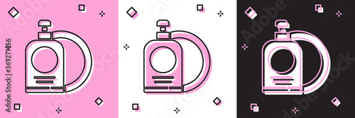 Set Dishwashing liquid bottle and plate icon isolated on pink and white, black background. Liquid detergent for washing dishes. Vector Illustration.