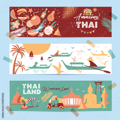 Collection of Thailand symbols in banners. Vector poster. Postcard in trend color. Travel illustration. Web banner of travel in differente composition.