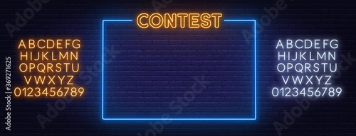 Contest neon text in frame on brick wall background. Template. White and yellow neon alphabets.