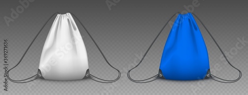 Backpack bag with drawstrings isolated on transparent background. Vector realistic mockup of school pouch for clothes and shoes, white and blue sport knapsacks with strings