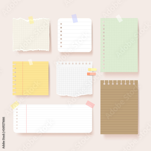 Scrapbook papers. Blank notepad pages vector illustration.Paper glued to wall with tape
