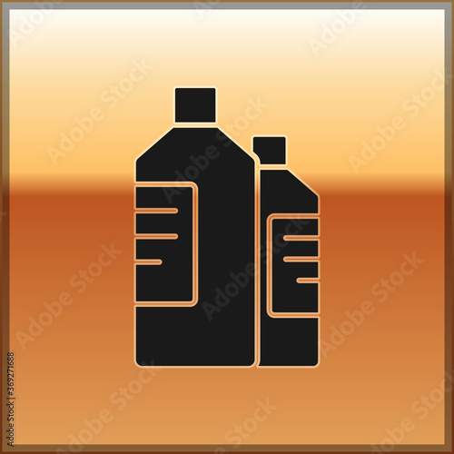 Black Plastic bottles for laundry detergent, bleach, dishwashing liquid or another cleaning agent icon isolated on gold background. Vector Illustration.