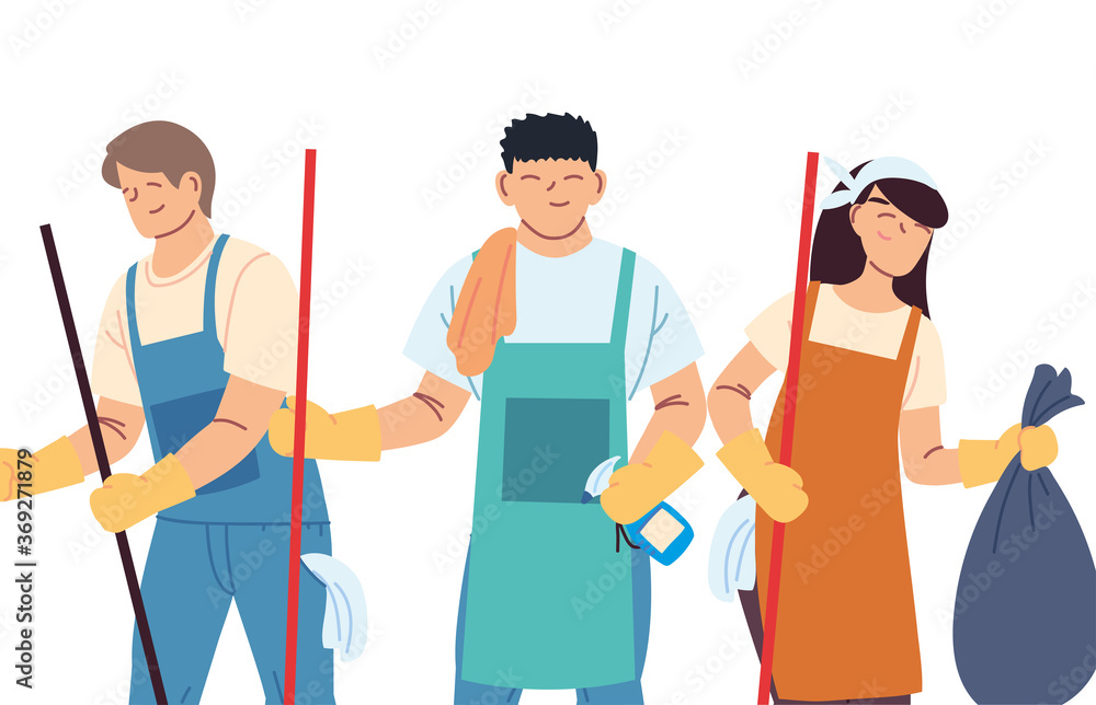 cleaning service team with gloves and cleaning utensils cleaning service team with gloves and cleaning utensils