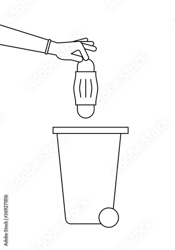 Hand with glove throws away used protective face mask in trash bin. Safely dispose biohazard waste. Line icon. Black outline, white background. COVID-19 prevention. Vector illustration, flat, clip art