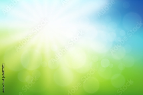 Natural blurred background with bright sun rays. Abstract green and blue gradient backdrop. Ecology concept for your graphic design, banner or poster. Vector illustration