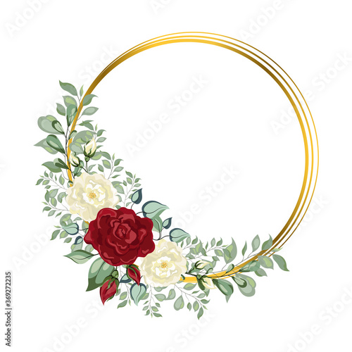 Frame golden crystal. Geometric crystal stone polyhedron mosaic shape. Botanical template with golden frame and flowers for invite, greeting and covers, poligraphy