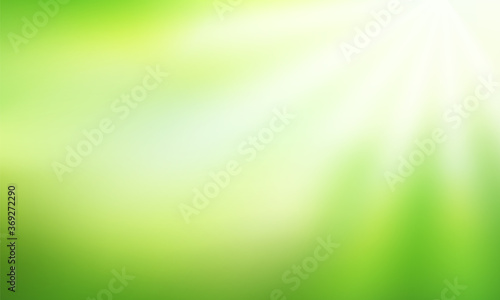Natural blurred background. Abstract Green gradient backdrop with sunlight rays. Ecology concept for your graphic design, banner or poster. Vector illustration.