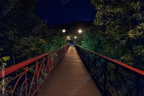 wooden Park Bridge, also known as the Bridge of Lovers in Mariinsky Park at night. Kyiv, Ukraine