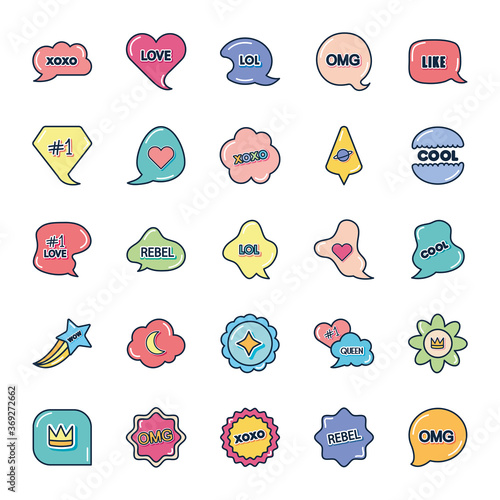 icon set of slang bubbles and clouds, flat style