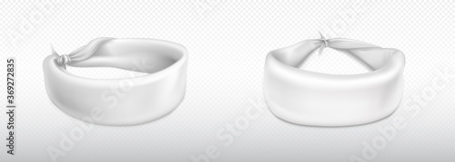 Headband, bandana for head or wrist made of white cloth. Blank sport clothing, kerchief sportswear, biker apparel fashion design isolated on transparent background, Realistic 3d vector illustration
