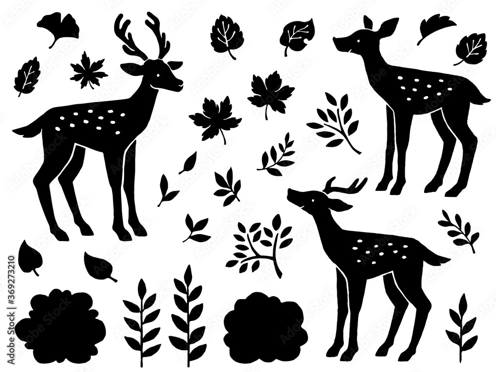 鹿と葉っぱの手描きシルエットイラストセット Stock ベクター Adobe Stock