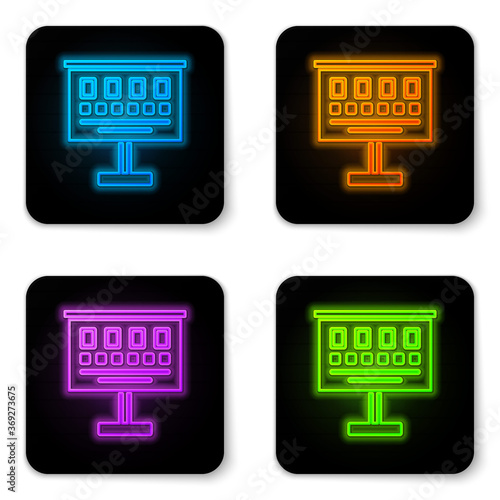 Glowing neon Eye test chart icon isolated on white background. Poster for vision testing in ophthalmic study. Snellen chart. Black square button. Vector Illustration.