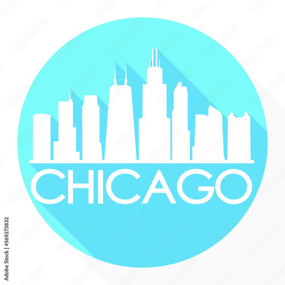 Chicago Skyline Button Icon Round Flat Vector Art Design Color Background.