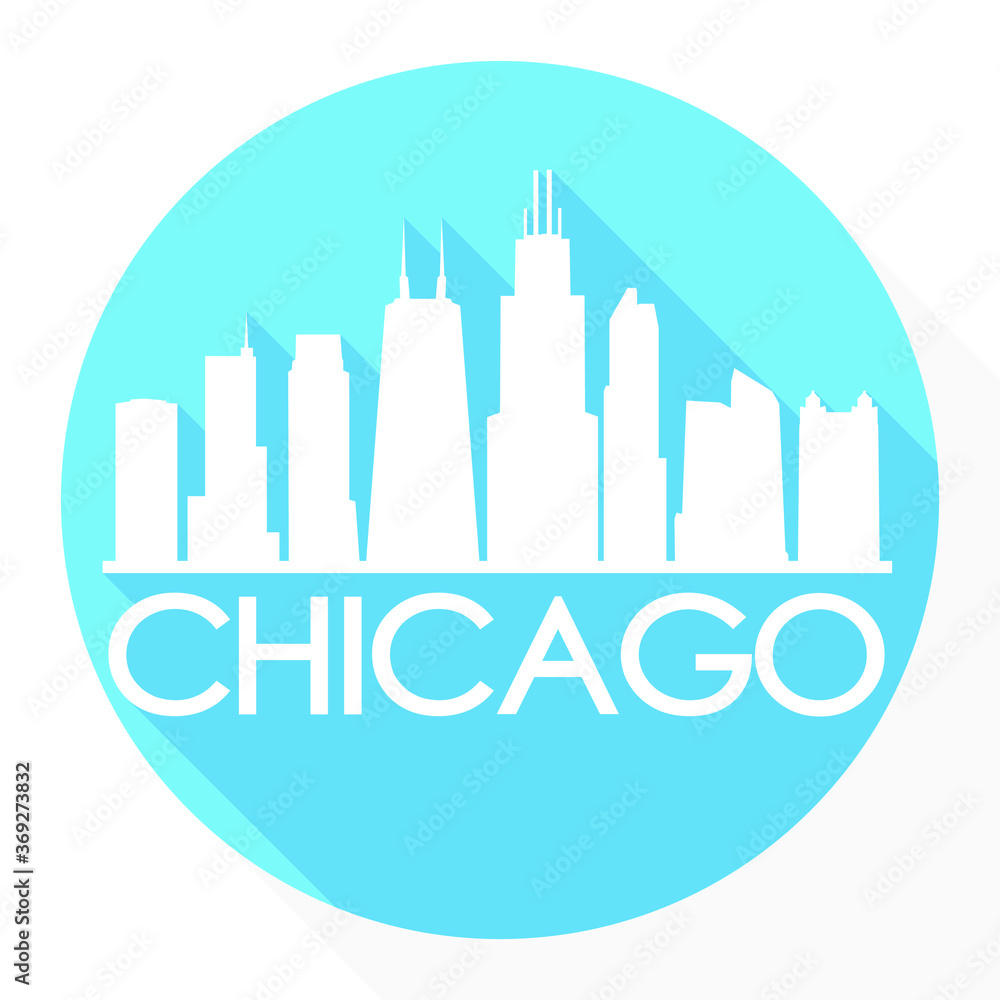 Fototapeta premium Chicago Skyline Button Icon Round Flat Vector Art Design Color Background.