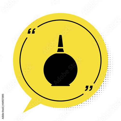 Black Enema icon isolated on white background. Enema with a plastic tip. Medical pear. Yellow speech bubble symbol. Vector Illustration.