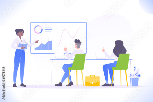 Business training concept. Young office people looking at presentation, learning and improving professional marketing skills, business meeting concept, vector illustration © kaneda313