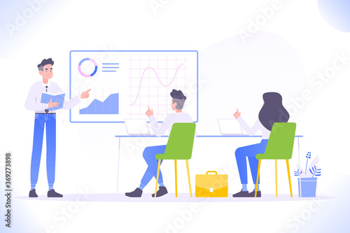 Business training concept. Young office people looking at presentation, learning and improving professional marketing skills, business meeting concept, vector illustration © kaneda313