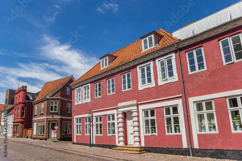 Colorful red facades in the streets of Ribe, Denmark