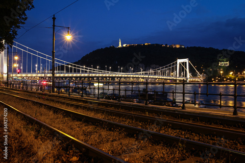 A view of Liberty Bridge, Danube River, Gillert Hill, across railway lines