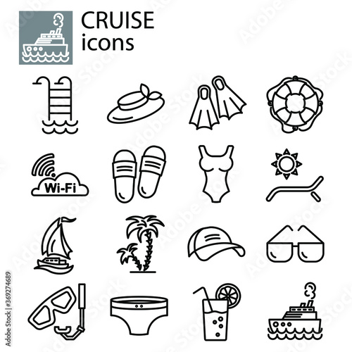 cruise, vacation linear vector icon set. vacation, summer line thin sign set. travel, tour outline symbol set. logo black on white background sea trip