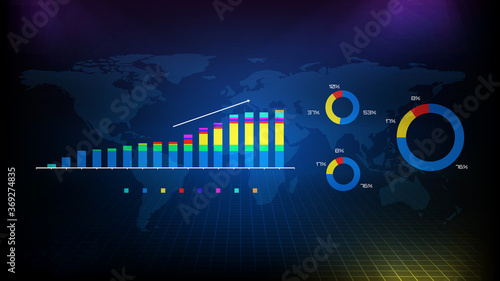 Abstract background of gross graph and pie chart data with world map