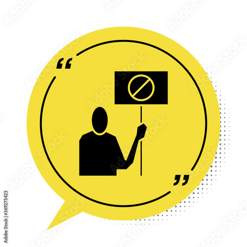 Black Nature saving protest icon isolated on white background. Earth planet protection, environmental issues demonstration. Yellow speech bubble symbol. Vector Illustration.