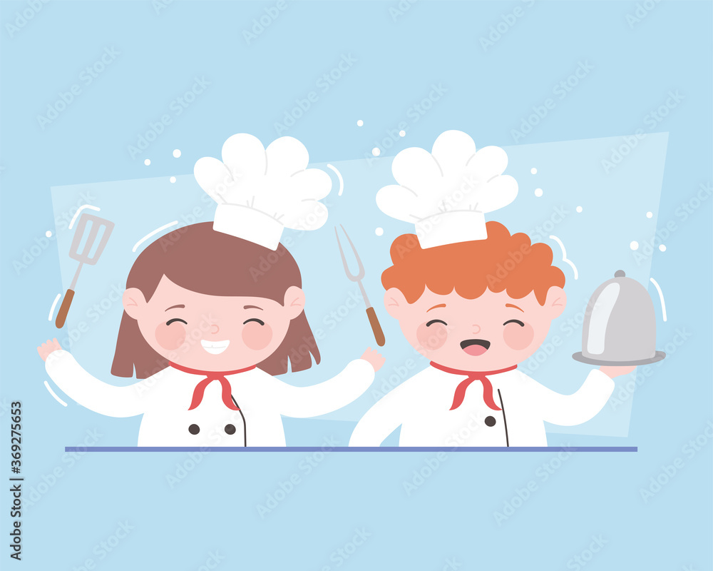chefs girl and boy cartoon character with platter fork and spatula chefs girl and boy cartoon character with platter fork and spatula