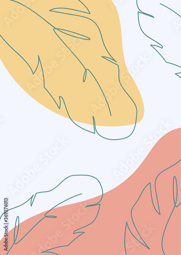 Banana leaf drawing minimalist design on blue-yellow-red background, Doodle one line feather vector flat illustration