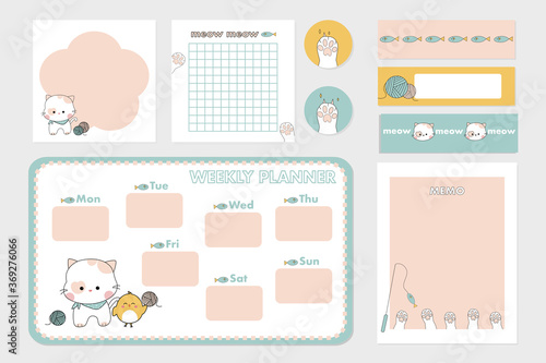 Set of cute kitten note papers ,sticker and sticky tape. 