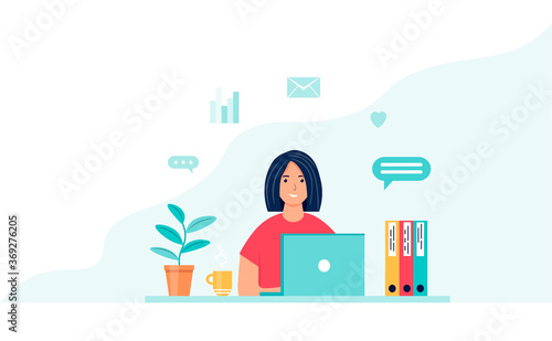 Female character works with a laptop. Young woman in the workplace. Online marketing specialist. Freelance or distance learning. Communication online. Cute vector illustration in flat style.