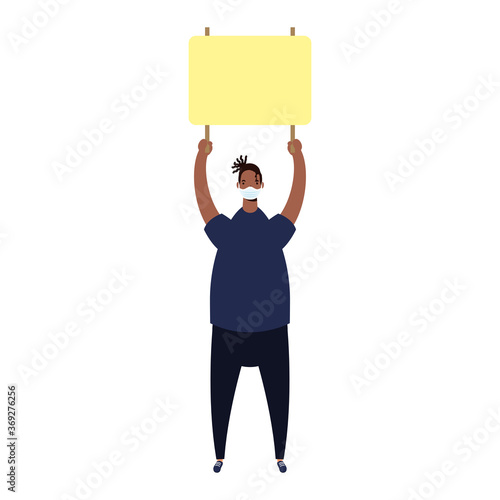 afro man wearing medical mask protesting with placard