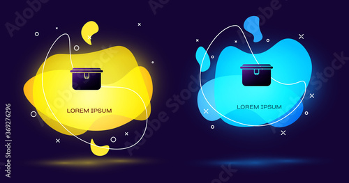 Black Lunch box icon isolated on black background. Abstract banner with liquid shapes. Vector Illustration.