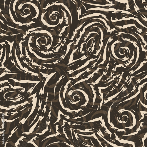 Vector beige seamless pattern drawn with a brush for decor on a brown background.Smooth lines with torn edges in the form of spirals of corners and loops.