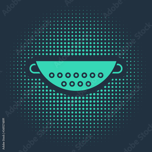 Green Kitchen colander icon isolated on blue background. Cooking utensil. Cutlery sign. Abstract circle random dots. Vector Illustration.